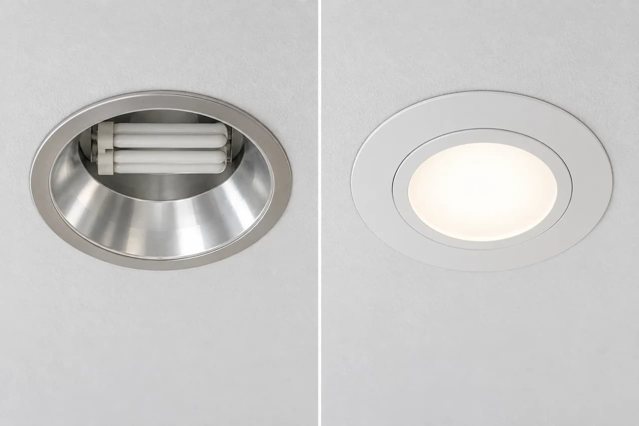 Beispielhafte Darstellung: großes altes Downlight und kleinere LED-Leuchte mit weißem Adapterring