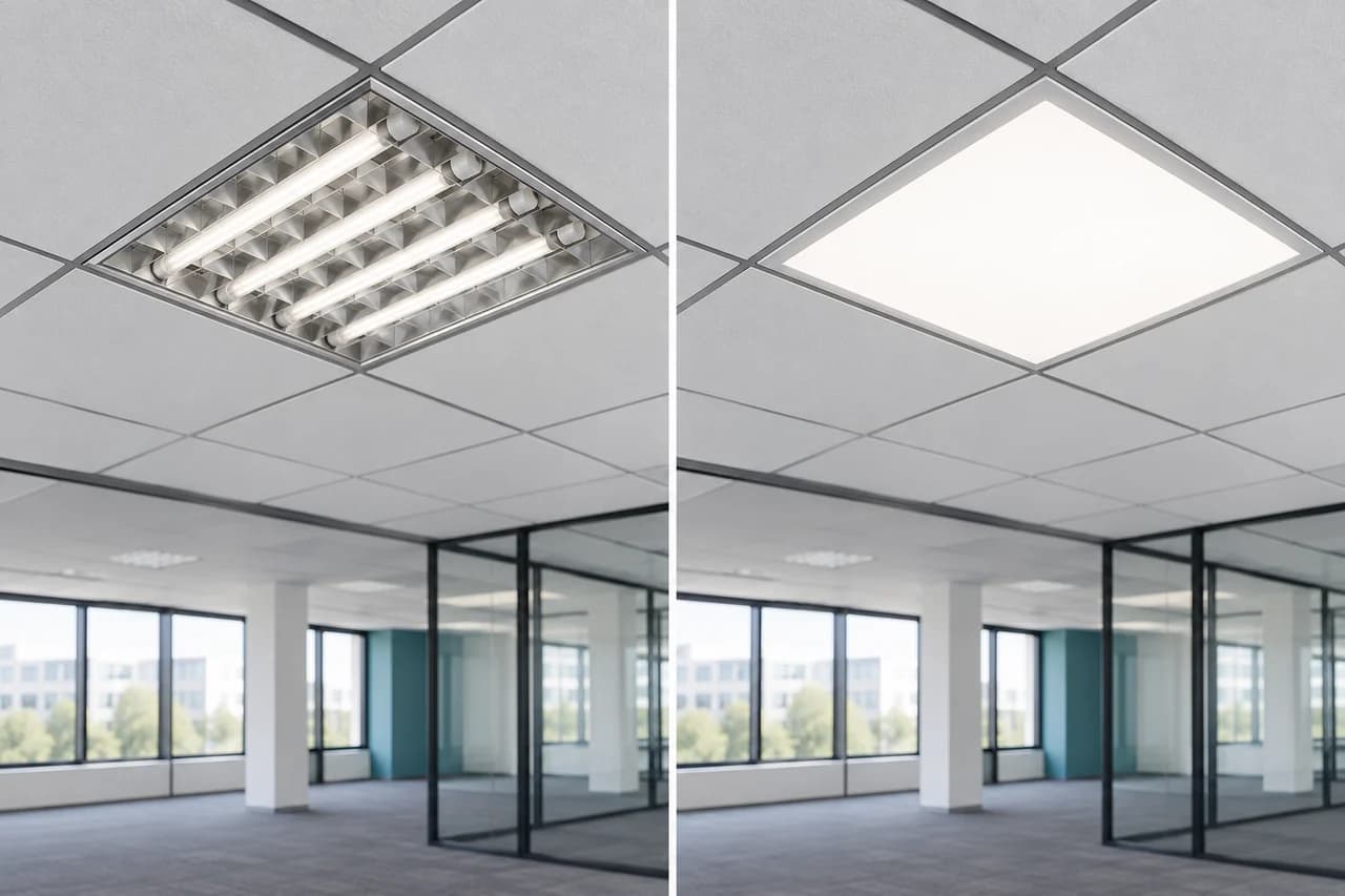 Beispielhafte Darstellung: Rasterleuchte und LED-Panel im gleichen Deckenfeld